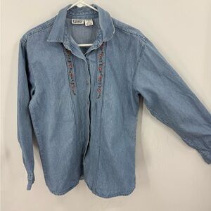 Light Wash Denim Button-Up Shirt with Floral Embroidery
